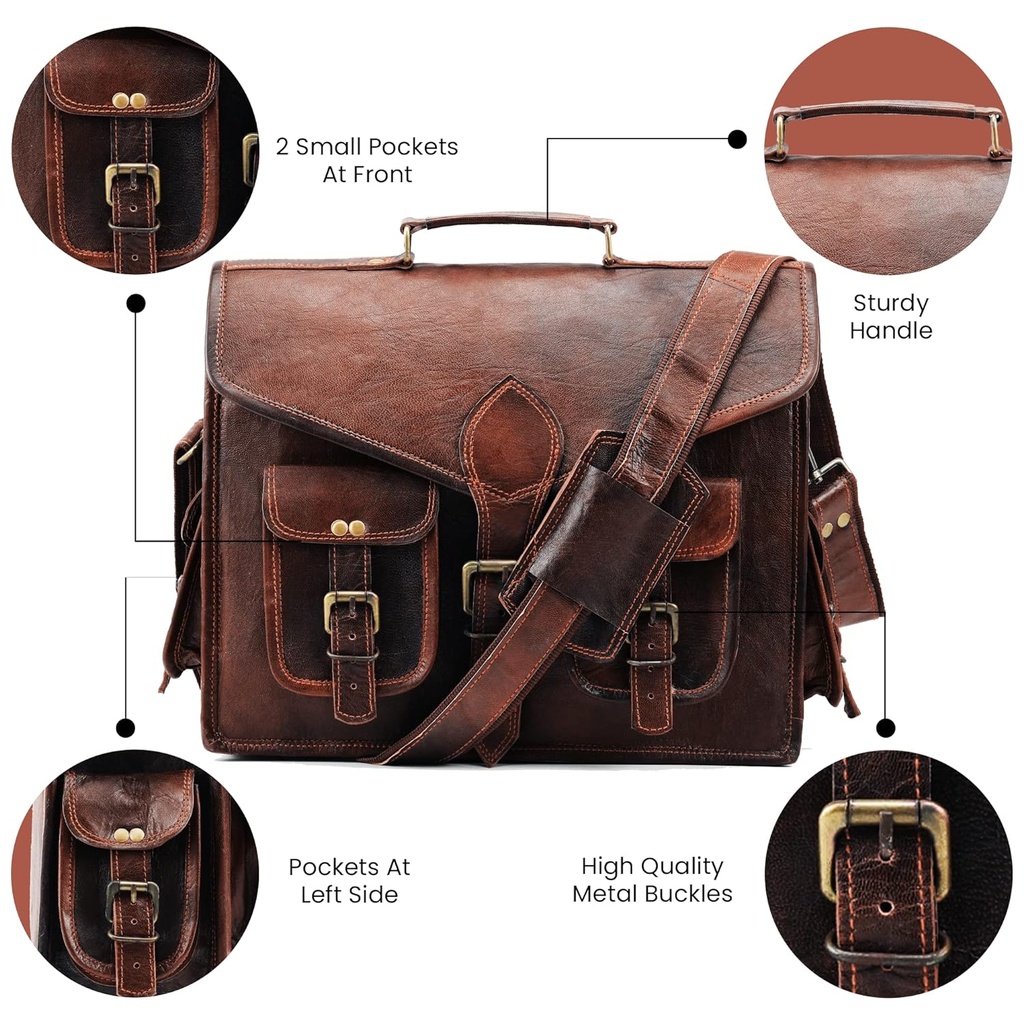 Office Cross body Laptop Briefcase College Satchel Bag for Men and Women Handmade Pure Leather Double Pocket