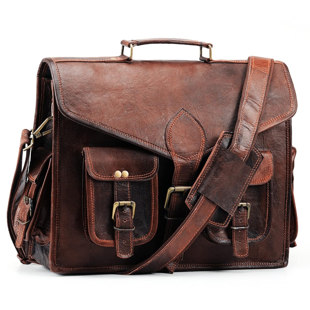 Office Cross body Laptop Briefcase College Satchel Bag for Men and Women Handmade Pure Leather Double Pocket